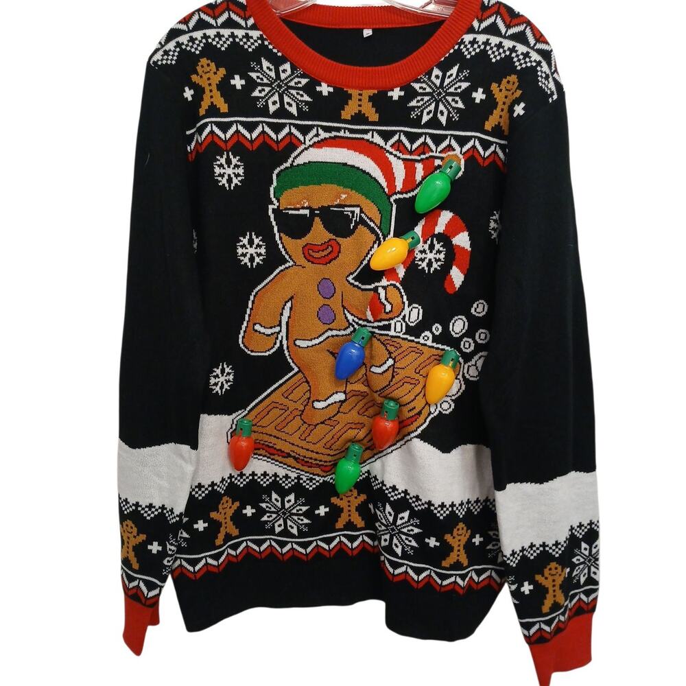 UGLY Gingerbread Christmas Sweater Men's Sz‎ M Black 3D Light Bulbs Office Party